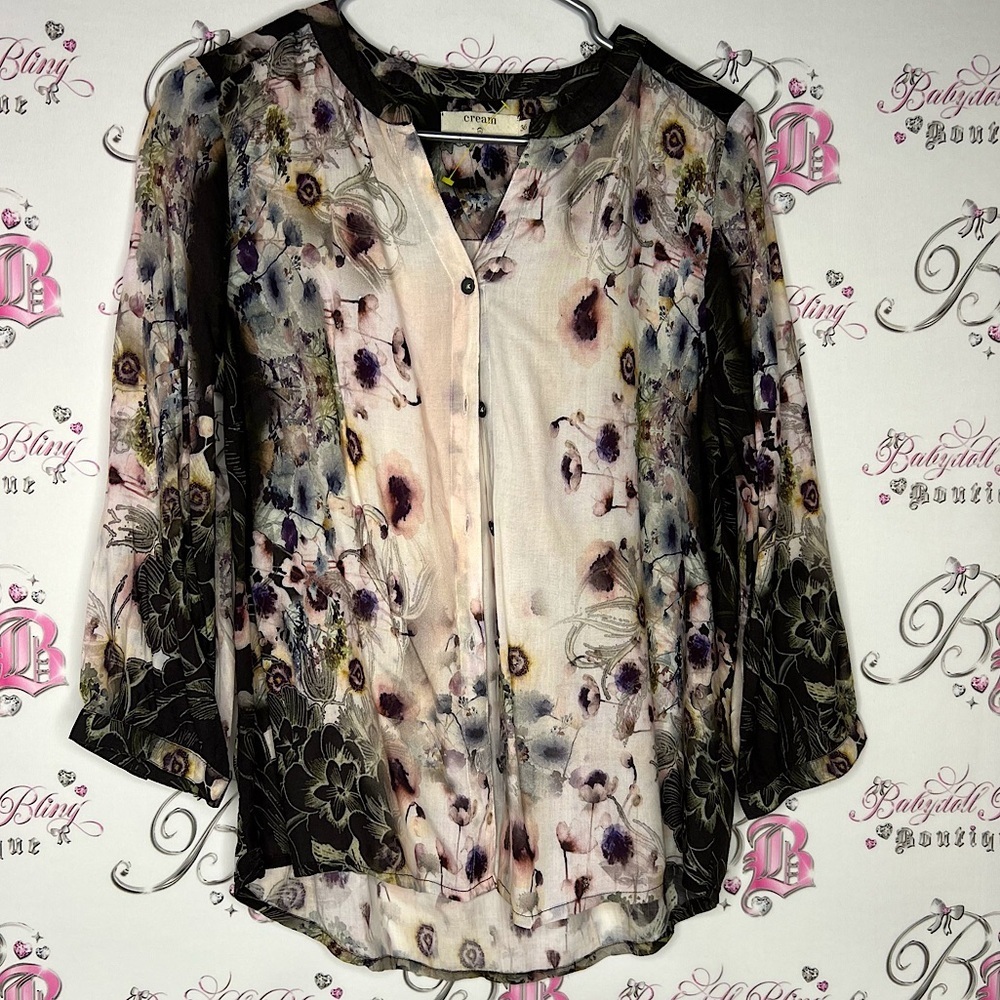 Cream blouse button down floral flowers 💐 unique color scheme pastel dark luxe
